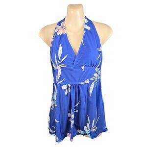 Tankini Swim Top Small Blue Floral Halter Tropical Removable Pads No Wire Summer